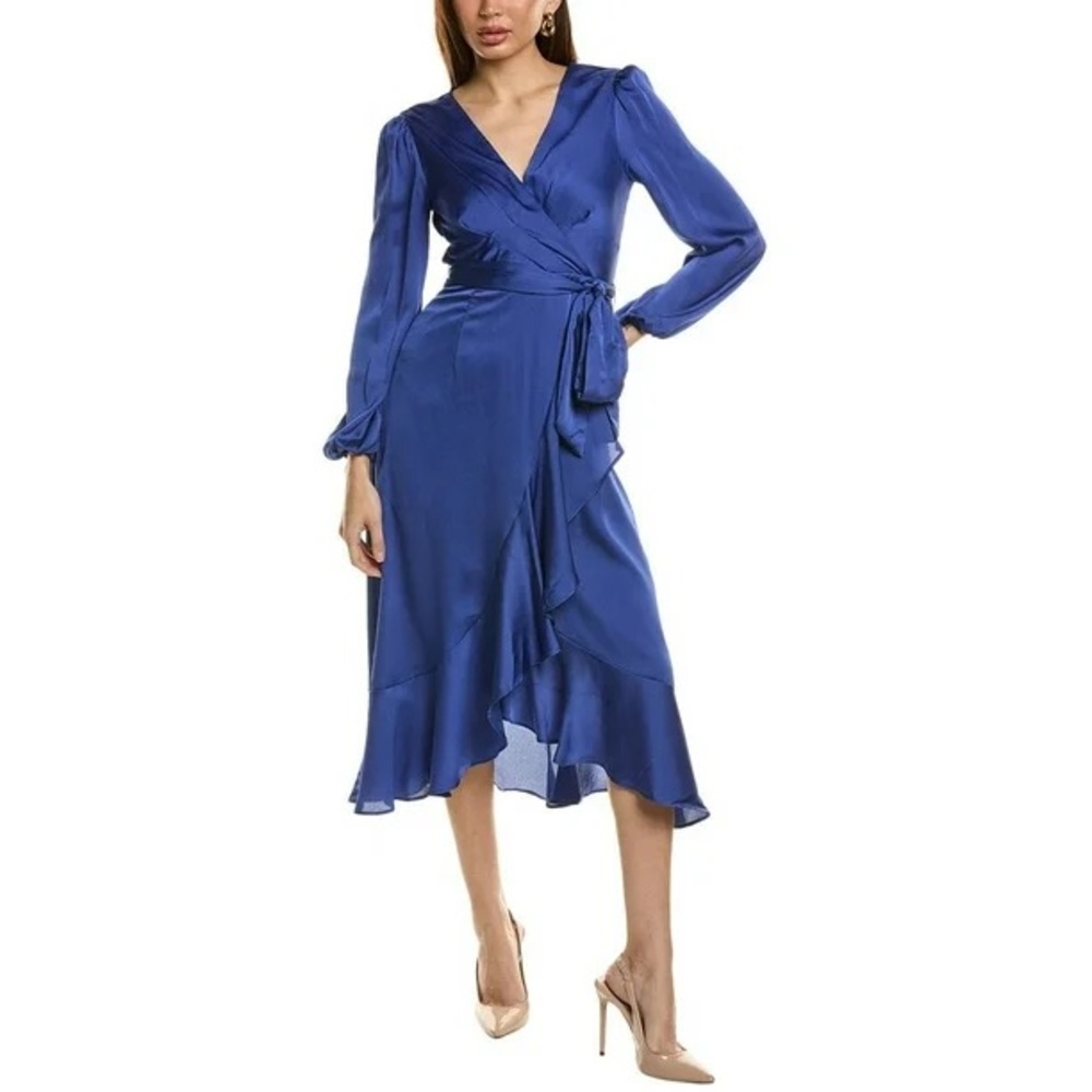 Tahari ASL Blue Ruffled Wrap Dress with Bishop Sleeves
